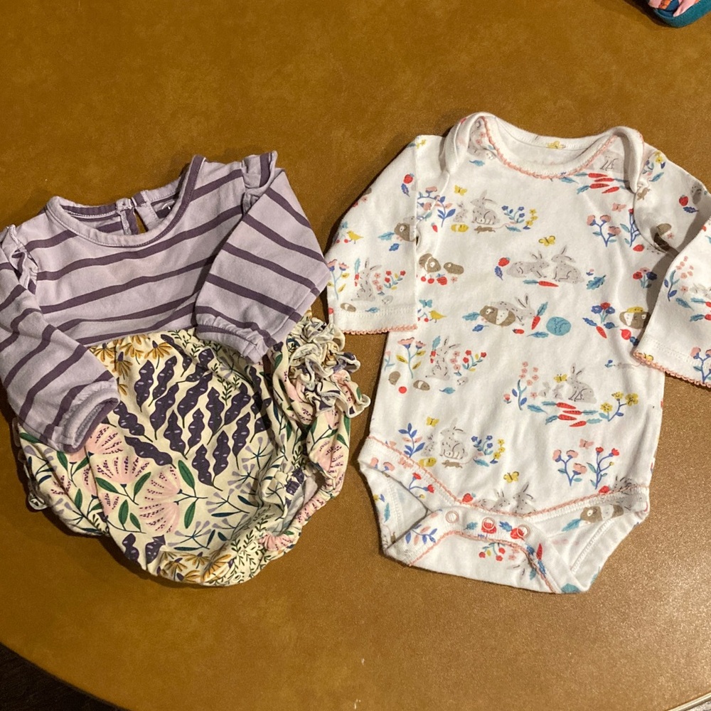Ruffle Butts Purple Striped and Floral outfit & Baby Boden bunny onesie EUC 0-3M